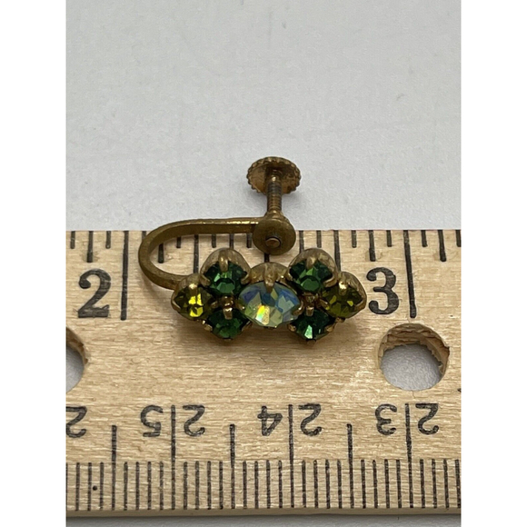 Austrian Green & AB Coated Rhinestone Gold Tone Screw Back MCM 1960s Earrings - Picture 7 of 8